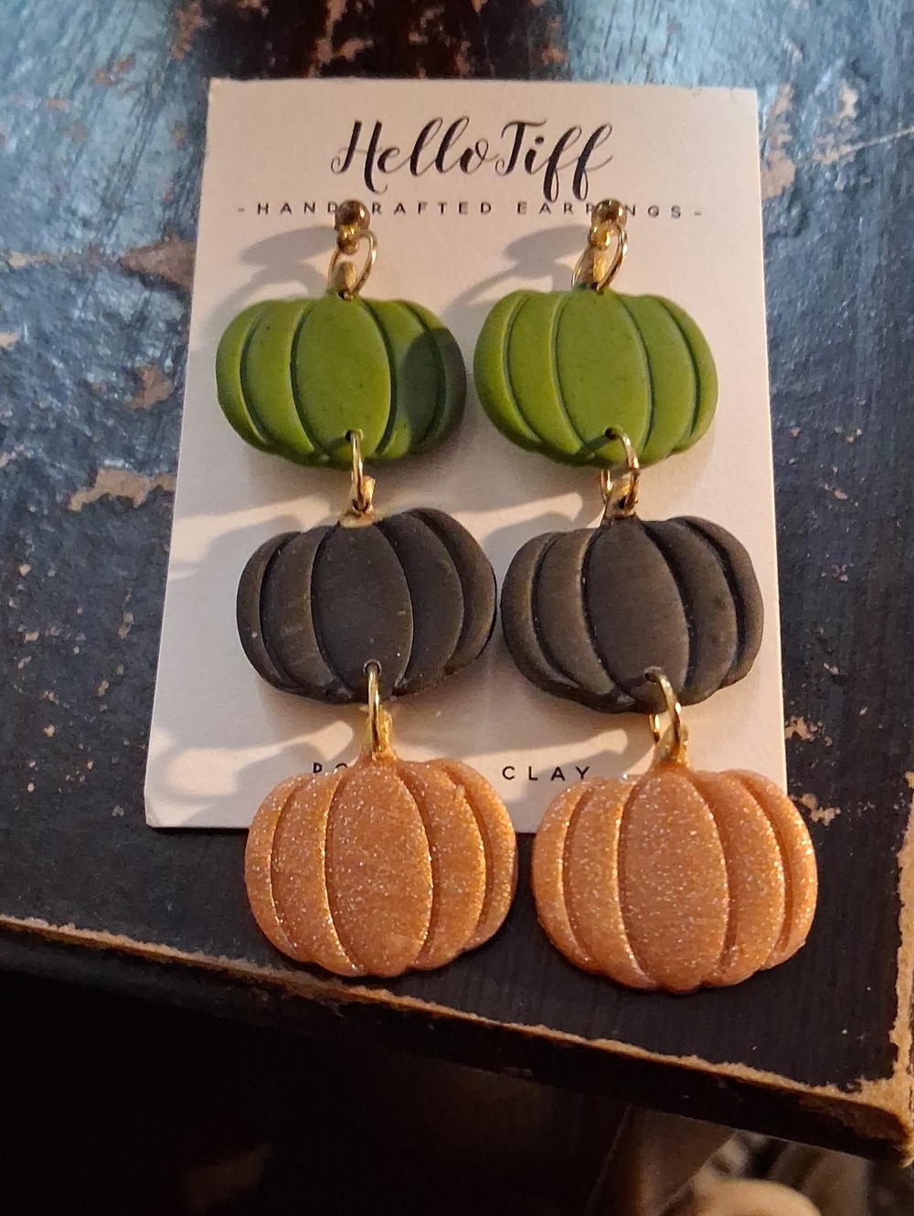 Trio-Color Pumpkin Drop Earrings — Green, Black & Gold Tone